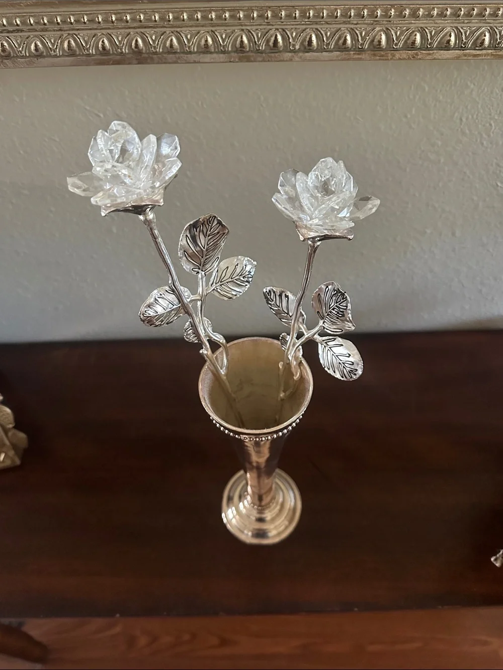 Vintage Godinger Silver Bud Vase with 2 Silver and Crystal Rose Stems